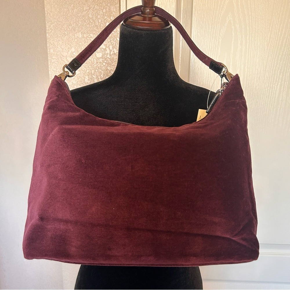 NWT Lauren Ralph Lauren Burgundy Velvet Hobo Bag Purse Handbag - Picture 2 of 7